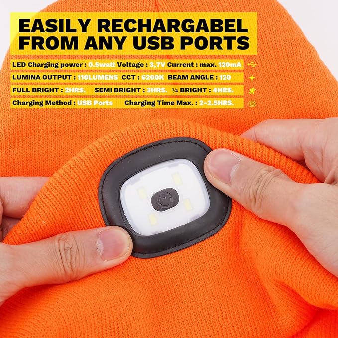 VIBELITE LED Beanie Hat with Light, USB Rechargeable LED Headlamp, Gifts for Men, Him, Husband, Boyfriend,Gifts for Dad, Husband, Father, Orange