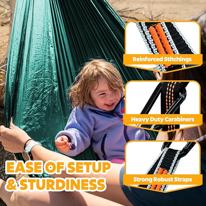 NATUREFUN Ultra-Light Travel Camping Hammock | 300kg Load Capacity,Breathable,Quick-Drying | 2 x Premium Carabiners,2 x Nylon Slings Included | Outdoor Indoor Garden