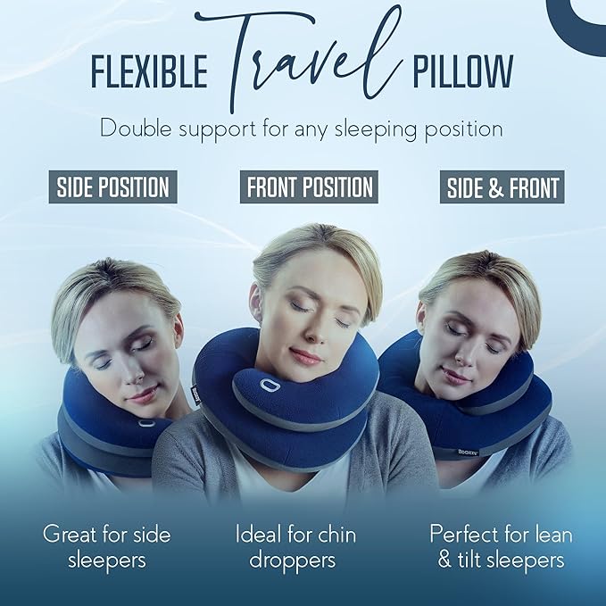 BCOZZY Travel Neck Pillow for Airplane– Patented Double Support for Head, Neck, and Chin. Best for Long Flights, Plane Sleeping, and Car Rides. Adjustable Size. Fully Washable. Carry Bag. Large, Black