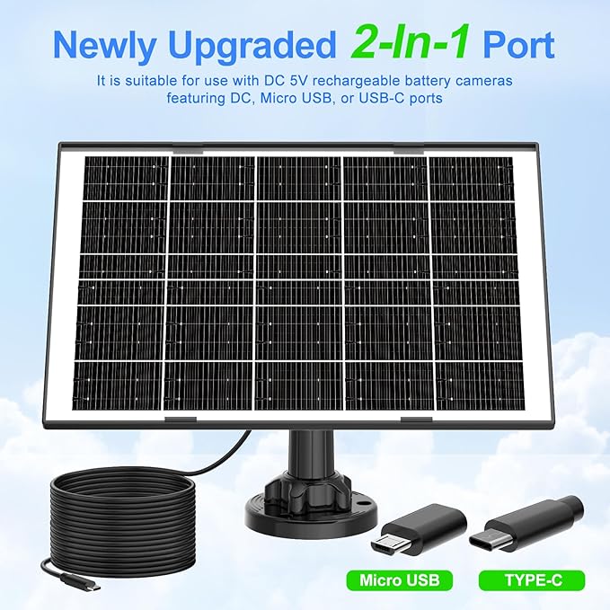 (3 Packs) 8W Solar Panel for Security Camera, Solar Panel for USB-C & Micro USB Ports Rechargeable Battery Security Camera, Solar Charger for Camera with 9.8FT Cable & 360°Angle Adjustment