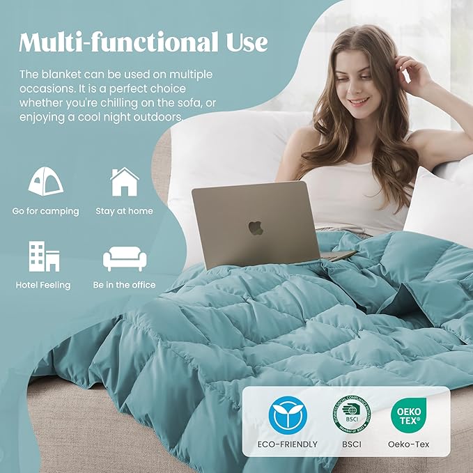 puredown® King Size Blanket for Bed, Ultra Soft Lightweight Down & Feather Fill, All Season Blanket, Machine Washable, 88"X108", Sea Blue