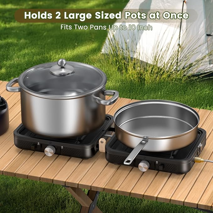 OGERY 2-Burner Foldable Camping Stove with Griddle (Textured & Smooth) and Carrying Bag, Portable Propane Camp Stove with 2 Adjustable Burners & Piezo Ignition, for Camping Tailgating Essentials Gear