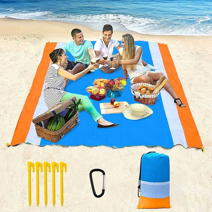 Large Beach Blanket Oversized Beach Mat Intimate Choice of Beach Accessories for Outdoor Travel Camping Hiking Good Gift (L-BlueWhiteOrange)