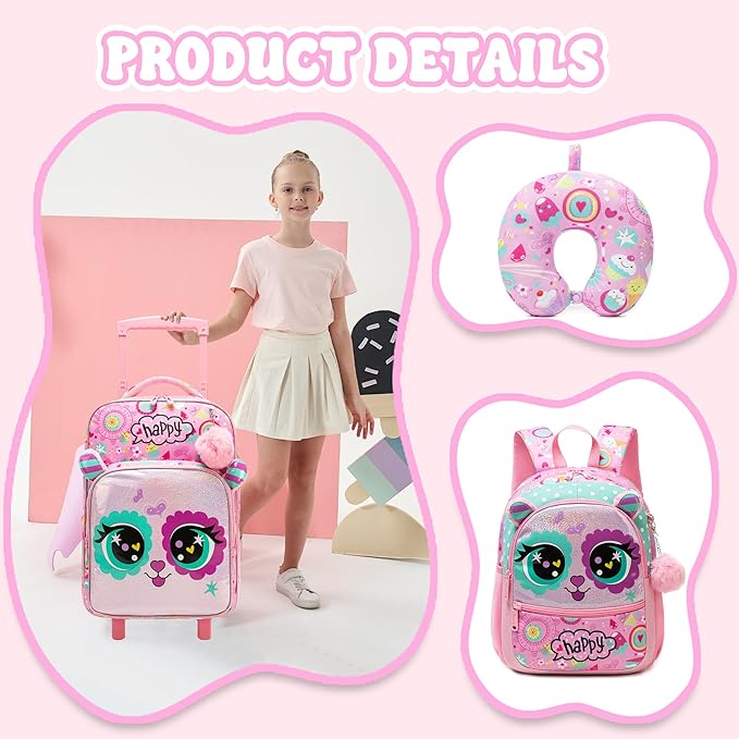 Kids Carry On Luggage with Wheels Softside Kids Suitcase for Girls Airline Approved & Girls Multi-function Carry Bag 4pcs Set