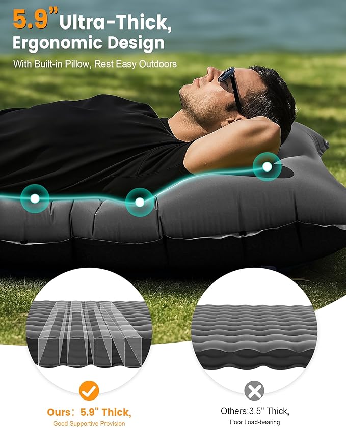 Camping Sleeping Pad,5.9 Inch Thick Camping Mat with Built in Pillow and Foot Pump,Self Inflating Sleeping Pad Ultralight for Camping Backpacking Tent（Green