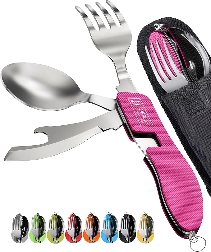 Orblue 4-in-1 Camping Eating Utensils, 2-Pack - Portable Spoon, Fork, Knife & Bottle Opener Combo Set - Stainless Steel Flatware with Detachable Fork - Travel, Backpacking Cutlery Multitool, Hot Pink