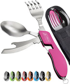 Orblue 4-in-1 Camping Eating Utensils, 2-Pack - Portable Spoon, Fork, Knife & Bottle Opener Combo Set - Stainless Steel Flatware with Detachable Fork - Travel, Backpacking Cutlery Multitool, Hot Pink