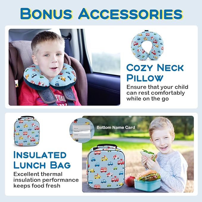 BABY JOY Kids Luggage, 5 Pieces Luggage Set w/ 16" Carry-on Hardshell Spinner Toddler Suitcase, 13" Backpack, Neck Pillow & Insulated Lunch Bag, Travel Kids Rolling Suitcase for Girls Boys (Blue Car)