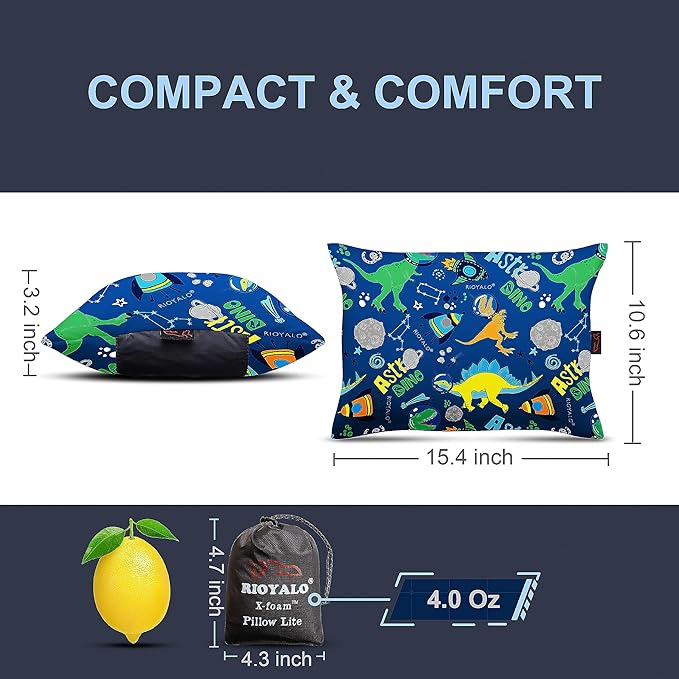 Boys Inflatable Camping Pillow Lite Kids w. Removable X-Form Padded Cover | Space Dinosaur | Comfort, Washable, Compact, Ultralight, Packable | Backpacking Hiking Travel Air Sleepover Scout