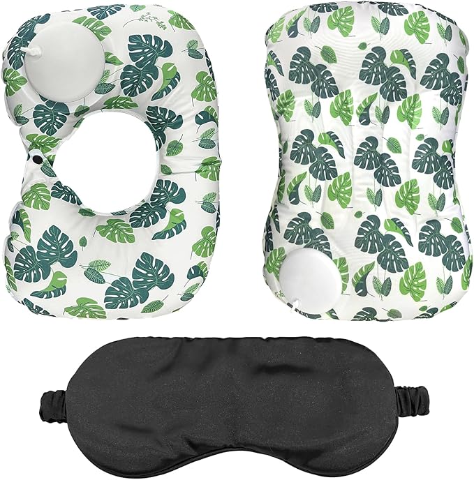 3 Pcs Inflatable Camping Travel Pillow Botanical Ferns Leafy Summer Style U-Pillow and Square Pillow with Eye maskfor Neck Lumbar Support Camp Hiking Sleeping