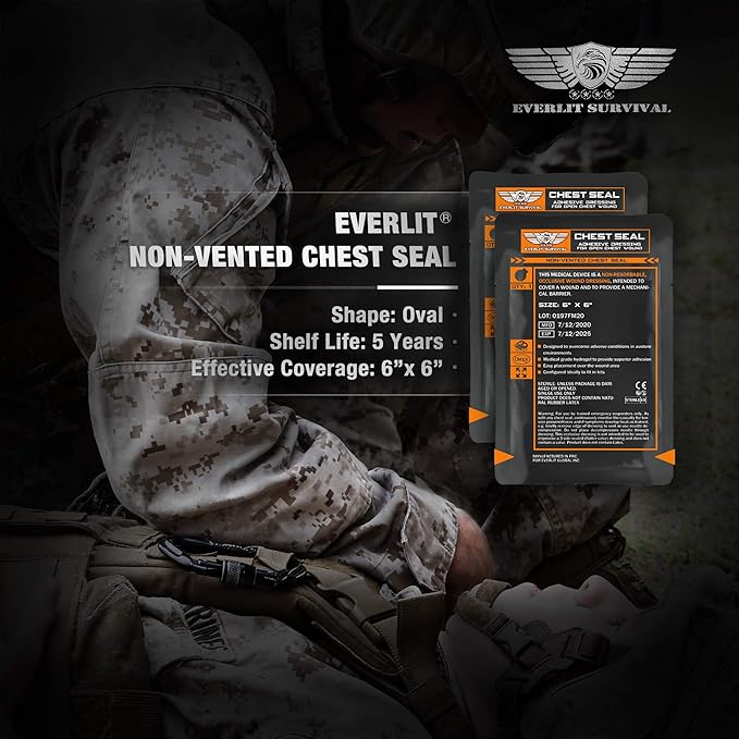 EVERLIT Occlusive Chest Seal Non-Vented Adhesive Dressing for Open Chest Injury and Sucking Chest Wound (4 Count)