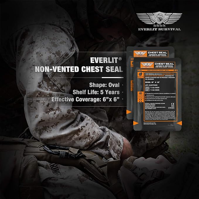 EVERLIT Occlusive Chest Seal Non-Vented Adhesive Dressing for Open Chest Injury and Sucking Chest Wound (2 Count)