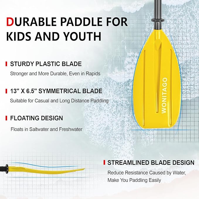 Kayak Paddles for Kid with Aluminum Shaft and PP Blade, Floating Kayaking Oars for Youth and Junior, Adjustable 163-183cm/64-72 Inches
