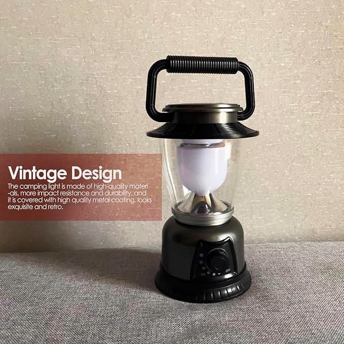 Retro LED Lantern 2-Pack, 360° COB 120 LM, Stepless-Dimming Battery Powered Camping & Hurricane Light, AA Batteries, Emergency/Power Outage (Grey-2 Pack)
