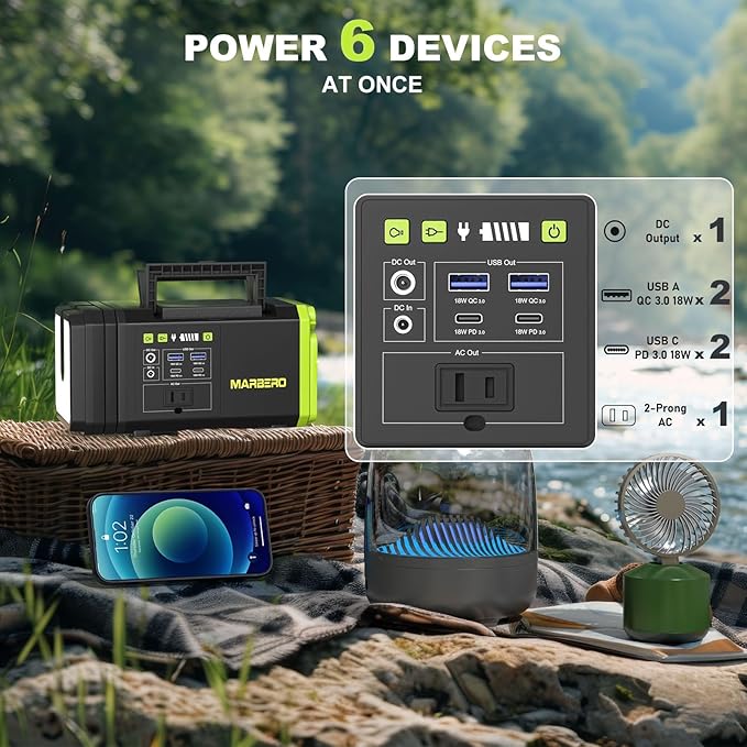 MARBERO 118Wh Solar Generator with Telescopic Camping Lights 32000mAh 160W Max Portable Power Station with Solar Panel Included 30W AC Outlet USB DC Output for Camping Hiking Emergency