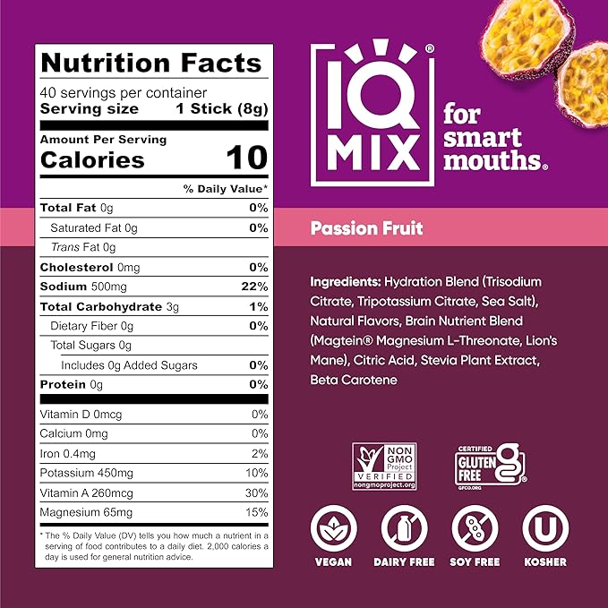 IQMIX Hydration Electrolyte Powder – 4-in-1 Formula for Hydration, Mental Clarity, Mood and Recovery – Sugar-Free Drink Mix, Keto, Magnesium L-Threonate, Lion’s Mane – 40 Count Passion Fruit