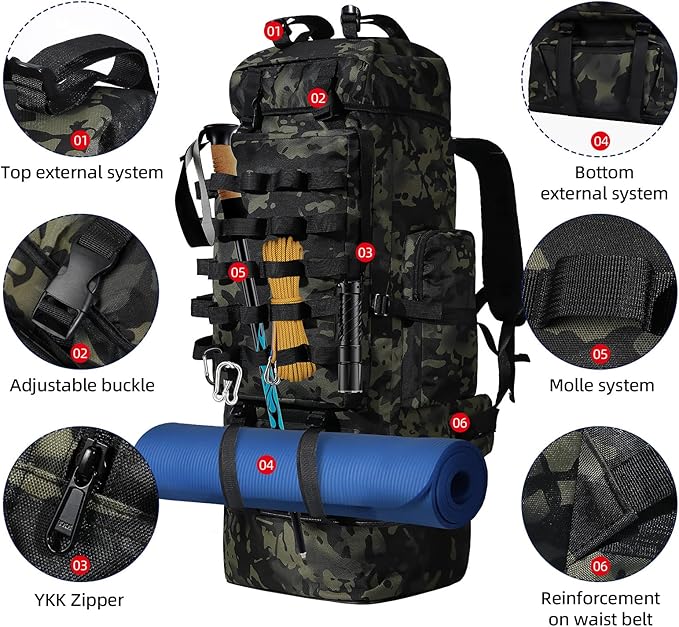70L/100L Camping Hiking Backpack with Rain Cover, Expandable Large Military Tactical Backpack, Waterproof Molle Racksack Travel Backpacking Daypack for Climbing Trekking (Black CP)