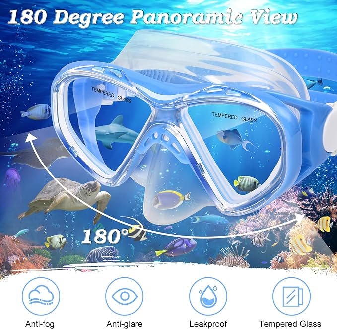 Kids Snorkel Set Dry Top Snorkeling Gear for Kids Youth Boys Girls Junior Age 5-15,Tempered Glass Swimming Diving Mask and Snorkel Set 180 Degree Panoramic View