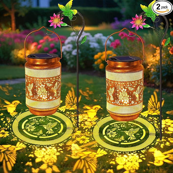 2 Pack Hummingbird Solar Lanterns Outdoor Waterproof Solar Garden Decor, Birthday Gifts for Women Mom Grandma, Metal Hanging Lights with Shepherd Hook for Yard Patio Pathway Backyard Porch