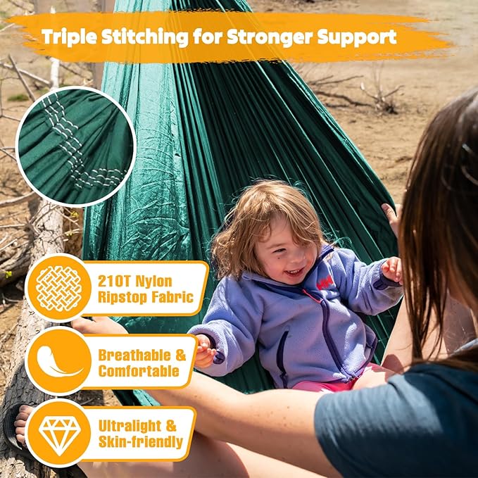 NATUREFUN Ultra-Light Travel Camping Hammock | 300kg Load Capacity,Breathable,Quick-Drying | 2 x Premium Carabiners,2 x Nylon Slings Included | Outdoor Indoor Garden