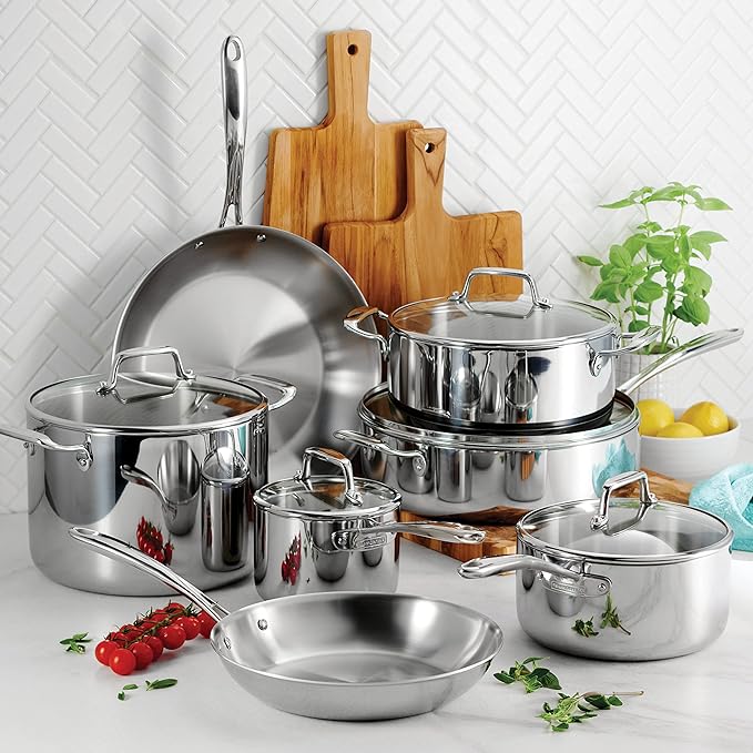 Tramontina Tri-Ply Clad Stainless Steel 12-Piece Cookware Set with Glass Lids, Pots and Pans Kitchen Set, Induction-Ready, Dishwasher-Safe, Made in Brazil
