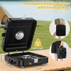 Camp Stove Propane, 2 Burner Folding Propane Camping Stove with Carrying Bag, Adjustable High Heat Burners & Piezo Push-Button Instant Ignition, Outdoor Tailgating, Backyard BBQ Camping Essentials