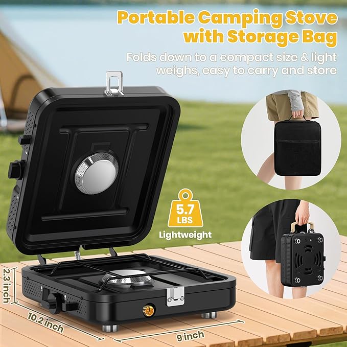 Camp Stove Propane, 2 Burner Folding Propane Camping Stove with Carrying Bag, Adjustable High Heat Burners & Piezo Push-Button Instant Ignition, Outdoor Tailgating, Backyard BBQ Camping Essentials