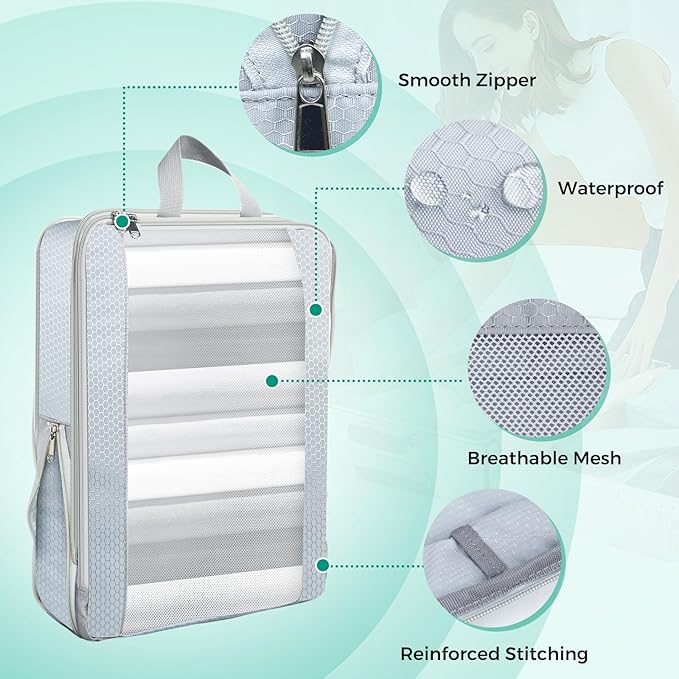 Compression Packing Cubes for Travel Expandable Mesh Packing Organizer Waterproof Portable Luggage Organizer Business Vacation Luggage Organizer-Gray 8 Pcs