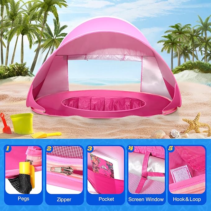 Monobeach Baby Beach Tent Pop Up Portable Shade Pool UPF50+ UV Protection Sun Shelter for Infant with Easy Set Up Canopy (Pink Beach Tent)