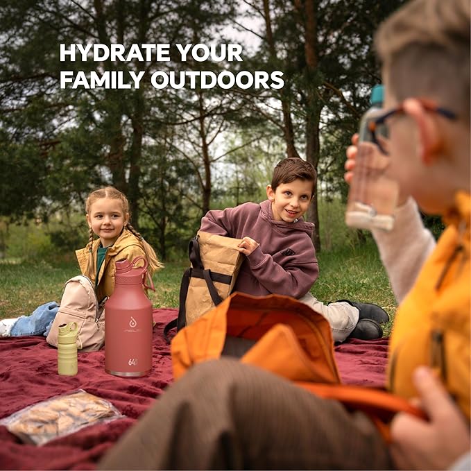 IDEUS Insulated Stainless Steel Water Bottle with 2 Leak-Proof Lids, Thermal Water Flask for Hiking Biking, 64oz, Red