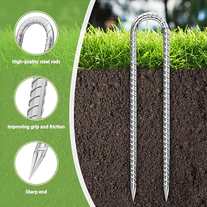 Rebar-Stakes-12-Inch-U-Shaped, Trampoline Stakes High Wind Ground Stakes Heavy Duty Galvanized Anti-Rust Metal Stakes Ground Anchors for Garden Dog Fence Chicken Coop Water Pipe 6pcs