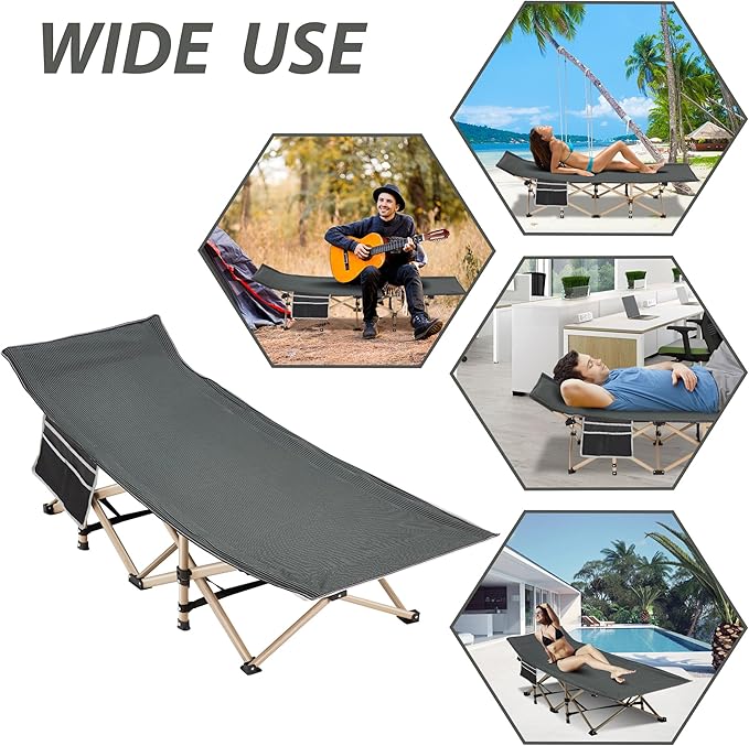 Folding Camping Cot for Sleeping, Portable Cots for Adults, Heavy Duty Cot Bed 550LBS(Max Load), Extra Wider Cots with Large Pocket for Outdoor, Office, Beach