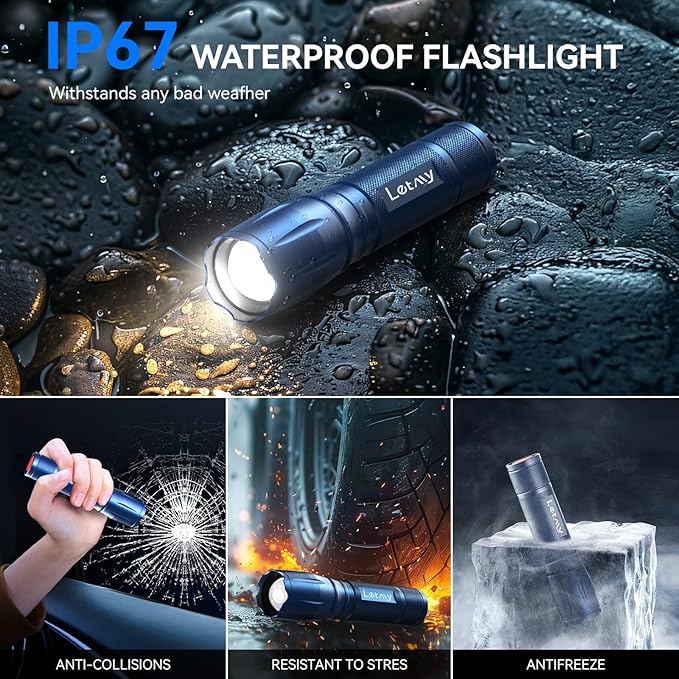 LETMY Tactical Flashlight - 2 Pack LED Flashlights High Lumens - Portable Handheld Flash Light, 5 Modes Zoomable Waterproof Flashlights for Home Emergency Camping- Blue