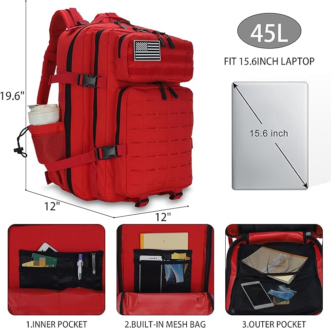 Sparklekle Military Tactical Backpack 45L 3 Day Assault Pack Waterproof Molle Hiking Rucksack for Men&Women (Red)