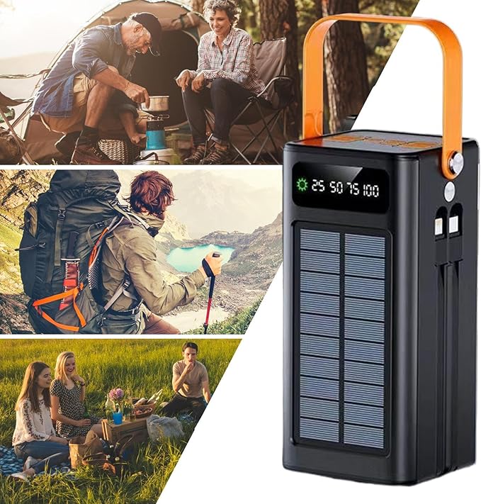 Solar Battery Mobile Bank - 120W External Power Bank, 50000mAh 4 Outputs & 3 Inputs | Portable Survival Gear with Light, Built-in Cables for Devices, Road Trip, Hiking, Backpacking, Camping, Fishing