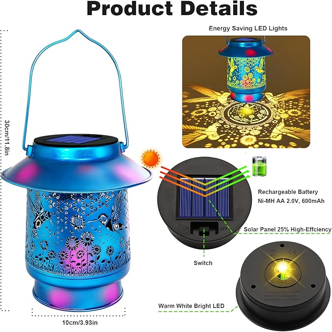 Hummingbird Solar Lanterns Outdoor Waterproof Brim,Garden Decor Birthday Gifts for Women Mom Grandma,Blue Spray Paint Metal Hanging Solar Lights Outside Decorative for Yard Patio Backyard Pathway