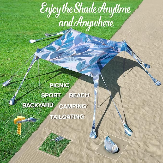 Rhino Valley Beach Tent Shade Canopy UPF50+ Protection, 8 Sandbags, 4 Stability Poles, Outdoor Sun Shelter Umbrella for Sand, Camping, Fishing Essentials