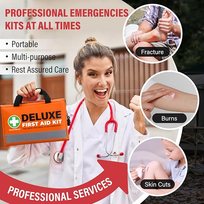 380 Pieces Deluxe First Aid Kit Compact Trauma Medical Kits with Assorted Bandages, Instant Cold Pack, Emergency Blanket for Home, Travel, Camping, Vehicle, Emergency Kits(Orange)