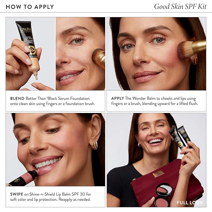 LAURA GELLER NEW YORK Good Skin SPF Makeup Kit (4 PC), Medium | Serum Foundation SPF 50, Cream Blush, Lip Balm SPF 30 | Hydrating, Lightweight Makeup Set for Mature Skin + Cosmetic Bag
