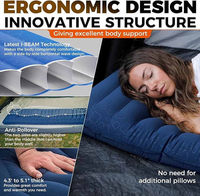 KingCamp Double Sleeping Pad for Camping, Rollover Prevention Inflatable Queen Camping Mattress 2 Person Ultralight Air Mat for Backpacking Hiking Tent Cot, PVC Free