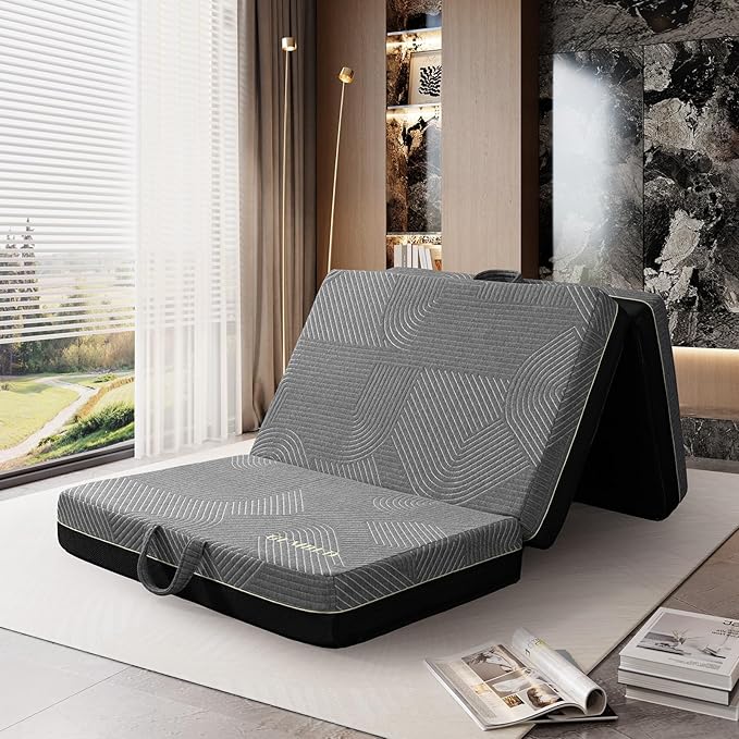 Tri Folding Mattress Twin Size - Memory Foam Tri-fold Mattress, Handle & Non-Slip Bottom, Portable Foldable Sofa Bed Floor Chair for Travel RV Camping Guest Yoga - 6 Inch, 75"x38"x6"