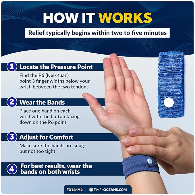 Five Oceans Motion Sickness Bands - Sea Sickness Acupressure Wristbands for Natural Relief of Nausea, Dizziness, Vomiting, and Motion Sickness - 2 Pair (4 Wristbands) - FO78-M2