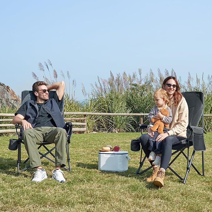 EVER ADVANCED Oversized Folding Camping Chair, for Adults Heavy Duty Lawn Chair with Side Pockets, Portable Collapsible Quad Chair for Outside, Support Up to 500lbs, Grey