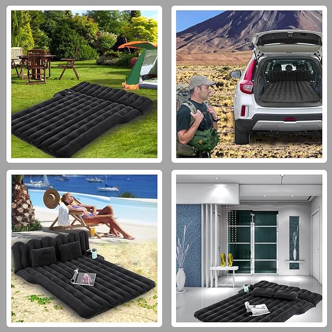 SUV Air Mattress with Cup & Phone Holder, Flocked-Top Car Mattress with 2 Air Pillows & Electric Air Pump, Perfect for Camping, Travel, and Road Trips (Black)