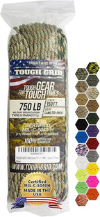 TOUGH-GRID Paracord Rope 750 lbs Nylon Parachute Cord, Made in USA Survival Kit, Outdoor Adventures, Camping, Tactical Gear & Emergency Supplies, Military Type IV Mil-Spec