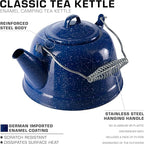 COLETTI Classic Camping Tea Kettle Stovetop — Travel Kettle, Camp Tea Pot for Stove — Chipping-Resistant German-Imported Enamel Coating [Blue Enamel, 9 Cups]