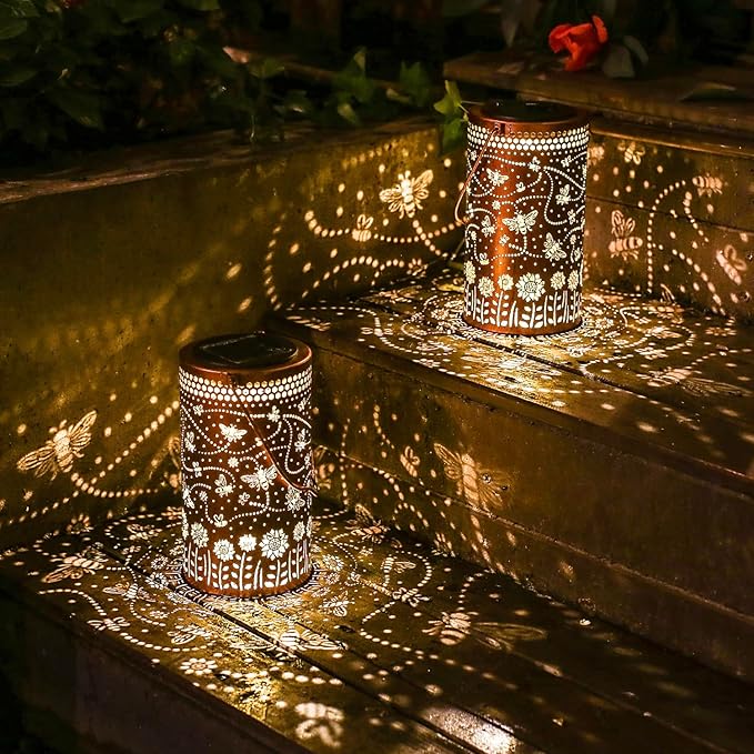 Bee Solar Lanterns Outdoor Waterproof Hanging Solar Lights Bee Gifts for Women Men Metal Honeybee Decorative LED Lanterns for Yard, Patio, Lawn, Tabletop, Pathway, Landscape, Garden Decor