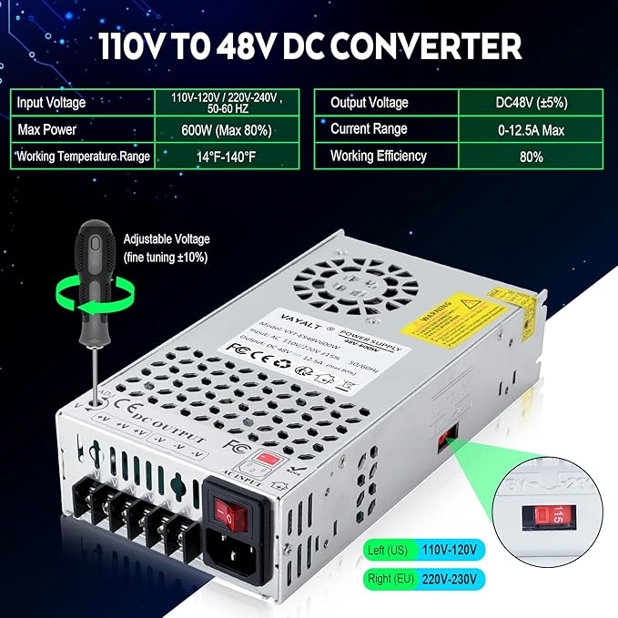 VAYALT 48V 12.5A 600W DC Switching Power Supply, Universal Regulated Switching AC 110V/220V to DC 48V Transformer, Power Supply for Industrial, CCTV, Computer Project, 3D Printer, LED Strip Light