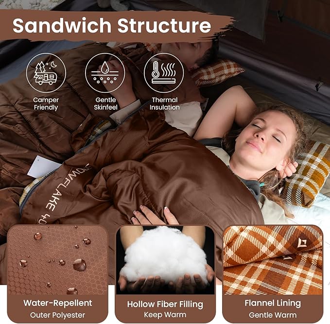 KingCamp Sleeping Bag for Adults, Cold Weather & Warm XL Big and Tall Flannel Sleeping Bags with Compression Sack Portable Waterproof Essentials Gear Accessories for Outdoor Camping