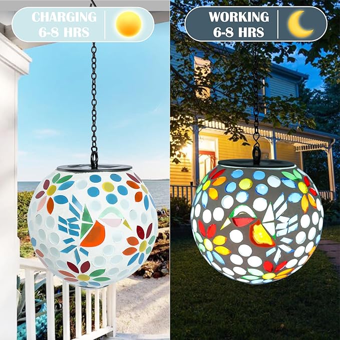 Solar Lanterns Outdoor Hanging Solar Mosaic Hummingbird Lantern Outdoor Waterproof Lanterns Decorative Garden Patio Yard Party Decor Multi
